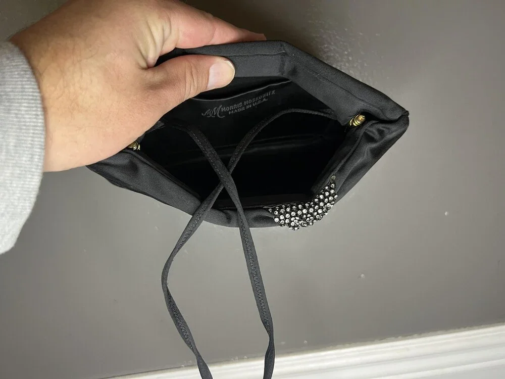 Vintage Morris Moskowitz Evening Bag Womens Black Satin Rhinestone Made USA 80s